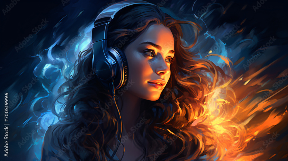 Woman with magic glowing headphones