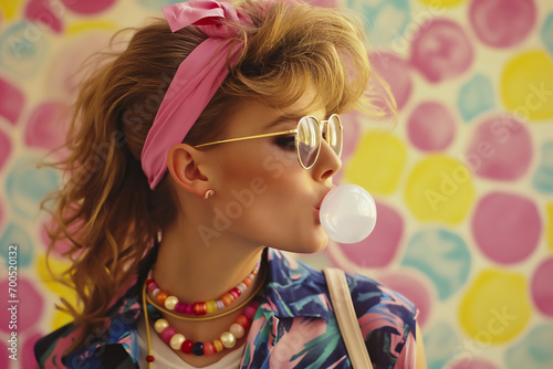 1980s retro teenage student girl wearing headband with sunglasses and blowing chewing gum bubble, colorful background photo