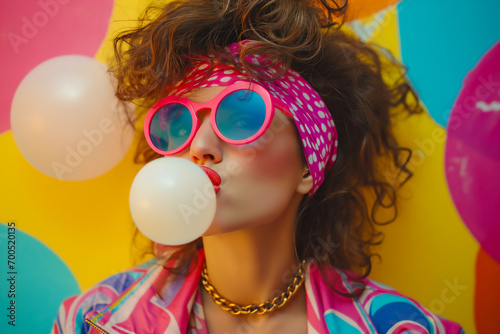 1980s vintage teenage girl wearing headband with colorful sunglasses and blowing chewing gum bubble, colorful background