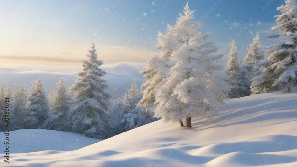 Breathtaking view of a snowy mountain. Serene winter scenery with snow-covered trees and majestic mountains