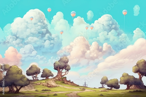 Whimsical Landscape with Balloons and Fluffy Clouds