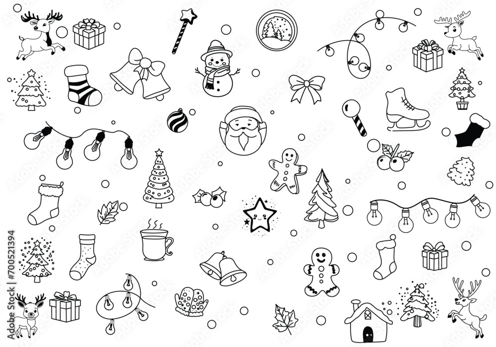 Set of simple hand drawn vector illustrations in black and white doodle style Marry Christmas
