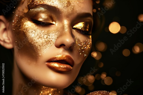 Close-up of beautiful young woman s face with creative gold makeup. Seductive female model with magical golden glow. Black background with bokeh effect.
