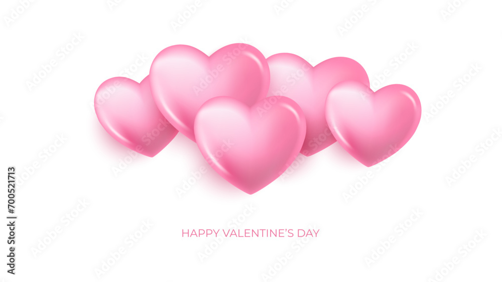 Happy Valentine's Day banner with 3d pink colored hearts. Valentines Day holiday festive background. Vector illustration.