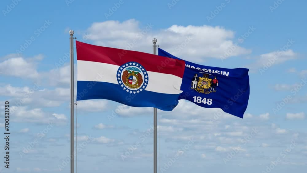 Wisconsin and Missouri US state flags waving together on cloudy sky, endless seamless loop Wisconsin and Missouri US state flags waving together on cloudy sky, endless seamless loop