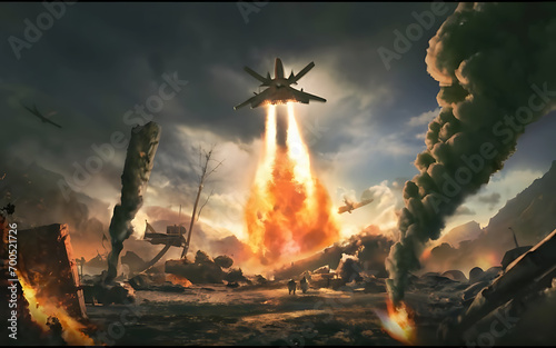 Fototapeta Using missile launchers, shells, and air strikes, the military destroys the target place by causing fire and smoke