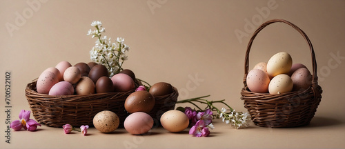 Un panier rempli d'oeufs de Pâques en chocolat sur un fond beige avec des fleurs