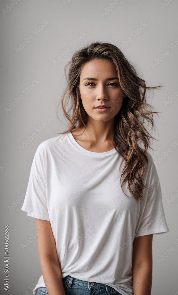Photo d'une femme européenne en t-shirt blanc sur fond clair uni Photo d'une femme européenne en t-shirt blanc sur fond clair uni