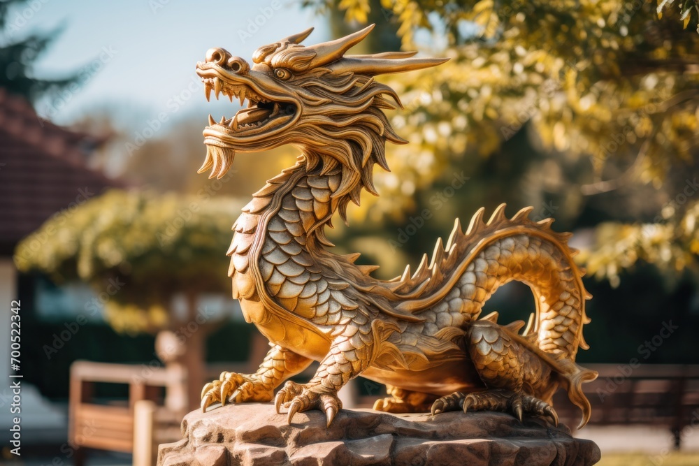 photograph of Dragon statue. Chinese wooden dragon outdoors on a sunny day. telephoto lens daylight --ar 3:2 --v 5.2 Job ID: 564314b4-54c3-4d4c-ab7d-0024c4c60353 - obrazy, fototapety, plakaty 