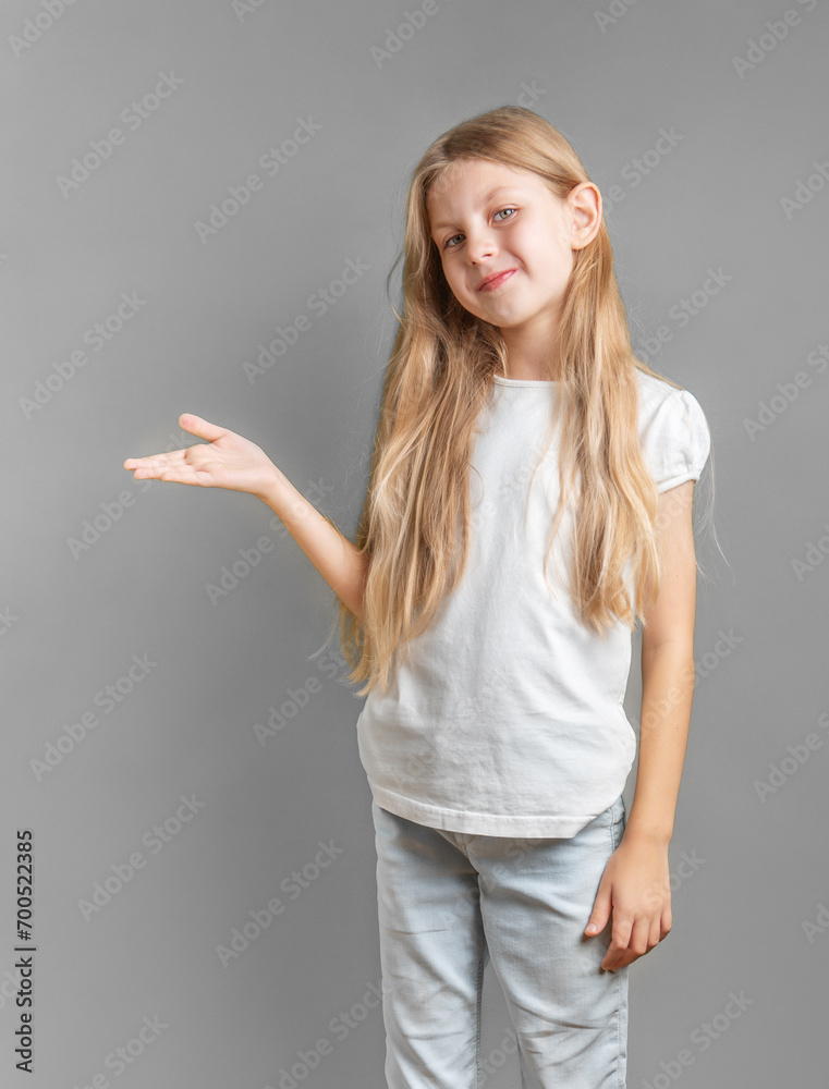 Happy and cute girl showing or endorsing company or product Happy and cute girl showing or endorsing company or product