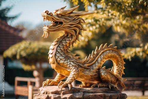 photograph of Dragon statue. Chinese wooden dragon outdoors on a sunny day. telephoto lens daylight --ar 3:2 --v 5.2 Job ID: 564314b4-54c3-4d4c-ab7d-0024c4c60353 © jureephorn