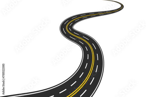 Curved road yellow white markings, vector illustration