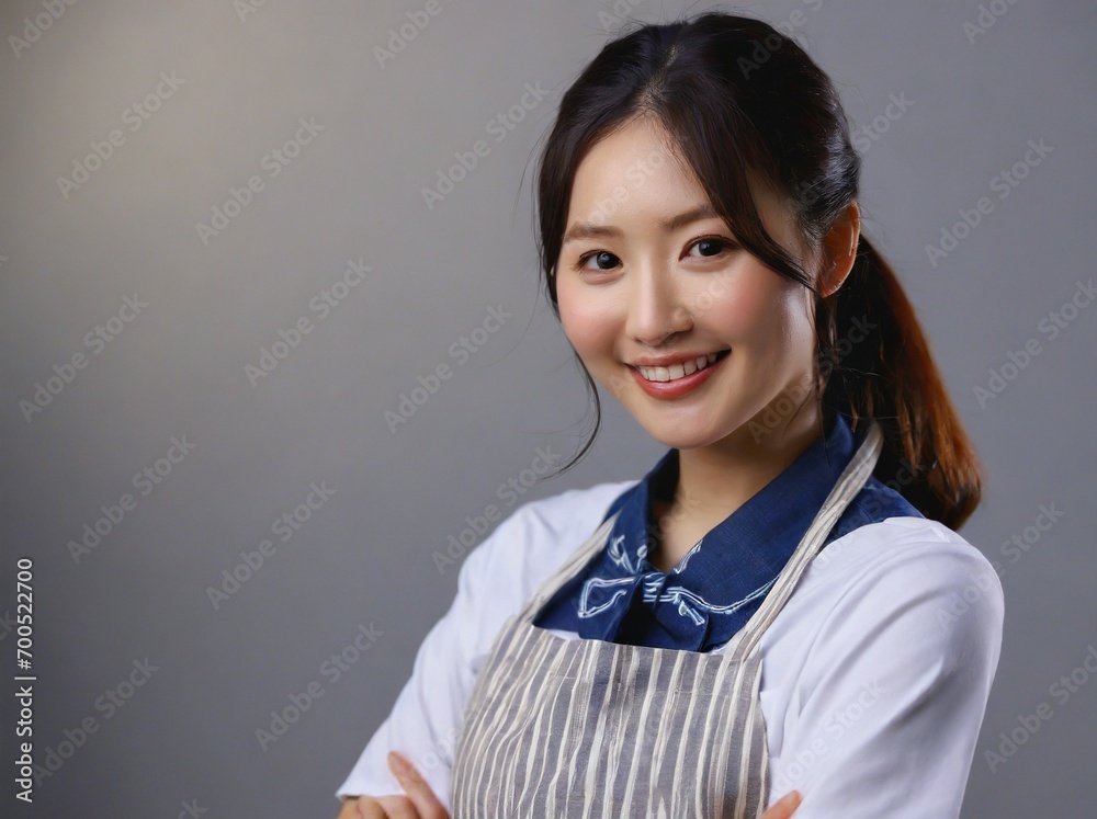エプロンをしてポーズをする笑顔の女性