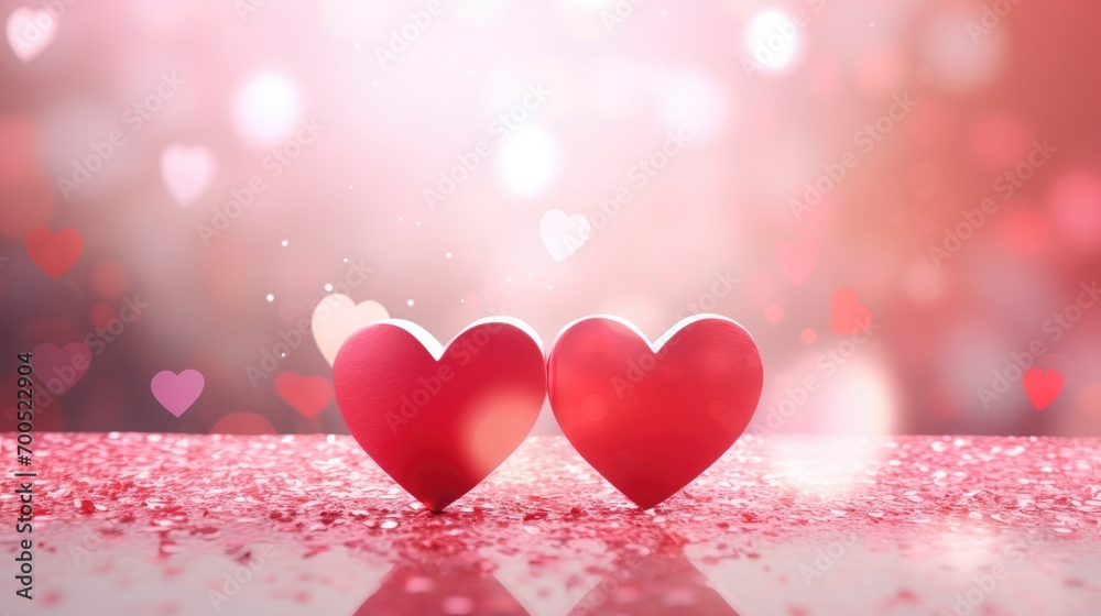 Red Heart shapes on abstract light glitter background in love concept for valentine's day