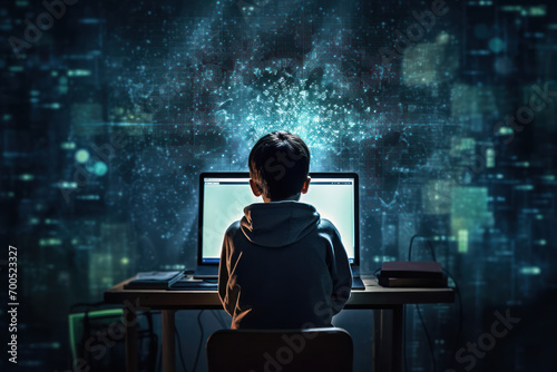 little boy in front of computer screen. Children protection from violence, exploitation and abuse on internet illustration concept