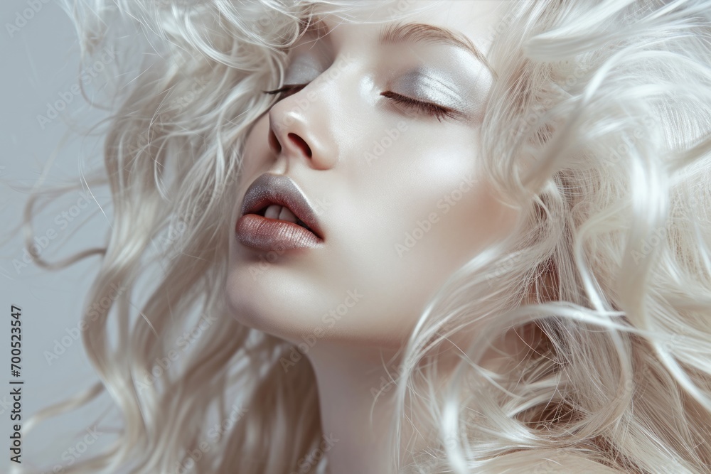 Close-up portrait of a young beautiful Caucasian woman with long blonde hair and closed eyes. Attractive female model with perfect makeup and lush flowing hair. Isolated on grey background.