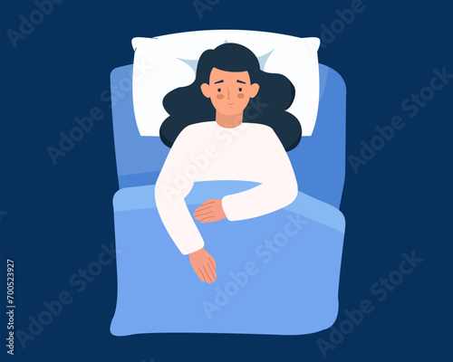 Women suffering from insomnia Sleepless night with open eyes lying on bed vector illustration.