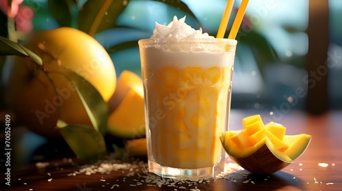 Mango smoothie with whipped cream in a glass on a wooden table