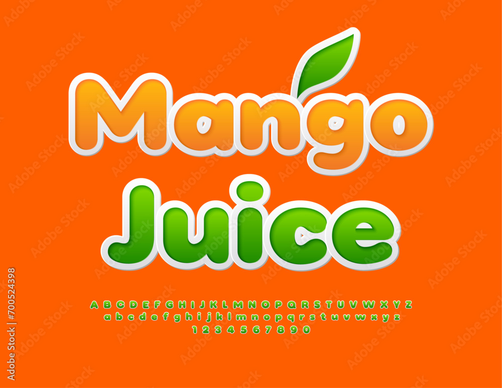 Naklejka premium Vector artistic label Mango Juice. Creative Green Font. Sticker style Alphabet Letters and Numbers.