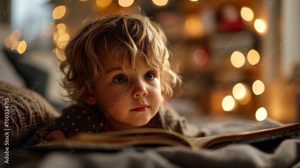The power of imagination of a cute 3 year old child while reading a story book in his bedroom. The power of imagination of a cute 3 year old child while reading a story book in his bedroom.