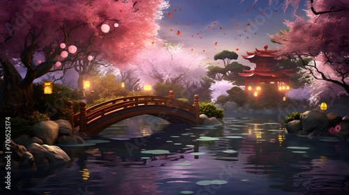 Illustration of a Japanese garden at night with a bridge and cherry blossoms