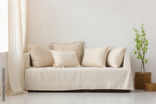 Scandinavian Living Room. White Sofa, Cushions, and Cream Blanket in Modern Interior