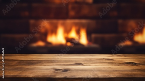 Empty wooden table with bokeh fireplace background. 