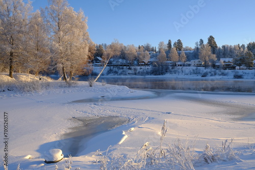 Honefoss river and trees in Winter, Honefoss, Buskerud, Norway