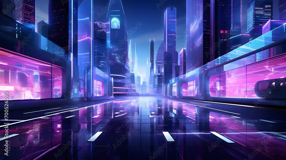 Night city panorama with neon lights and fast moving cars. 3d rendering