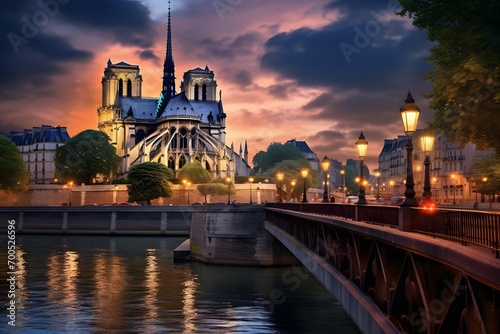 Paris, France. Panoramic view of Seine river and Notre Dame de Paris at sunset.
