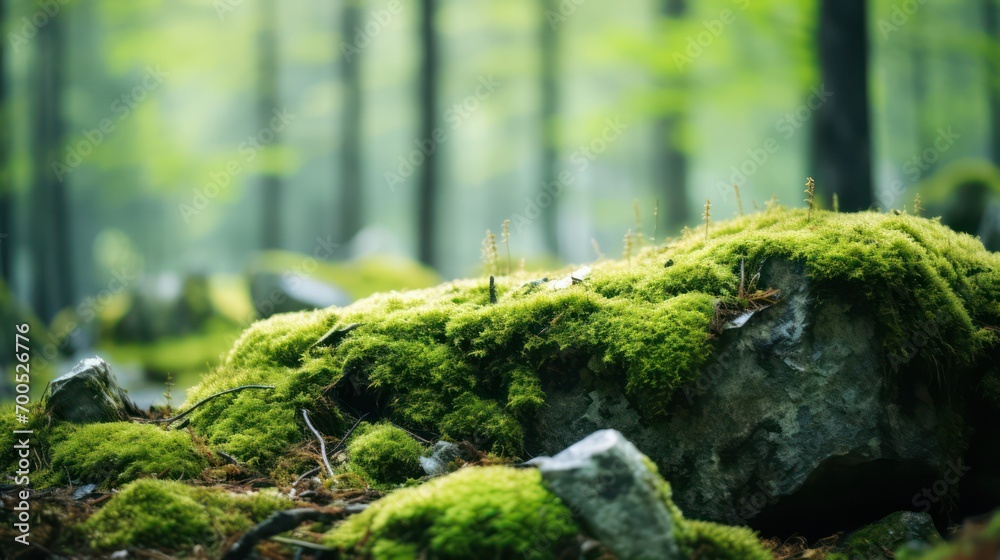 Stone covered moss, blurred forest background Stone covered moss, blurred forest background