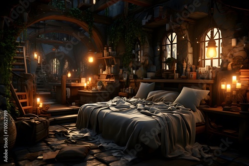 3d rendering of a fantasy interior with a bed in the night