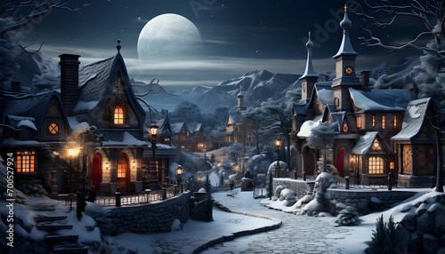 Winter village in the mountains at night with a full moon. Panorama © Michelle