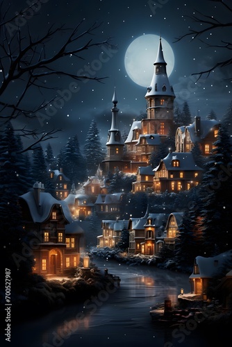 Fairytale castle at night with full moon, 3d illustration