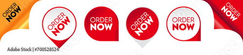 Order now red ribbons, online shopping web banners. Order now icons of corner bookmarks, flags, tags and curved ribbons isolated on transpare background.