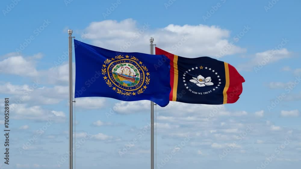 Mississippi and New Hampshire US state flags waving together on cloudy sky, endless seamless loop Mississippi and New Hampshire US state flags waving together on cloudy sky, endless seamless loop