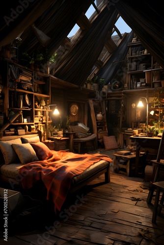 interior of a rustic house in the evening. vintage interior