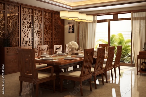 Contemporary Interior Design of Modern Dining Room with Stylish Table and Elegant Wooden Chairs