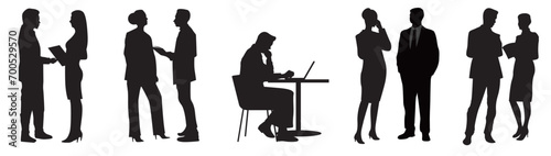 Business people silhouette. Silhouette of businessman and businesswomen. Businessman sitting on chair and working on his laptop with the group of Business people standing around.  