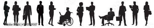 Silhouettes of diverse business people standing, men and women full length, disabled person sitting in wheelchair. Inclusive business concept. Vector illustration isolated on transparent background.