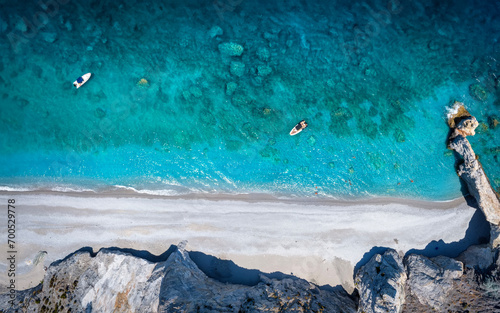 Fototapeta Naklejka Na Ścianę i Meble -  Aerial top down view of the beautiful beach at Lalaria, Skiathos island, Sporades, Greece, with turquoise shining sea