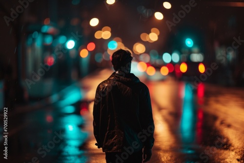 Lonely figure on a rain-soaked street at night, city lights creating a bokeh effect that evokes a mood of contemplation and solitude.