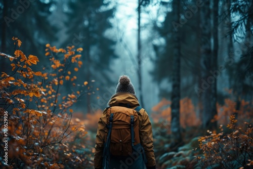 Adventurous soul in a warm jacket ventures into a foggy forest  the autumn colors enhancing the mystery and exploration theme.  