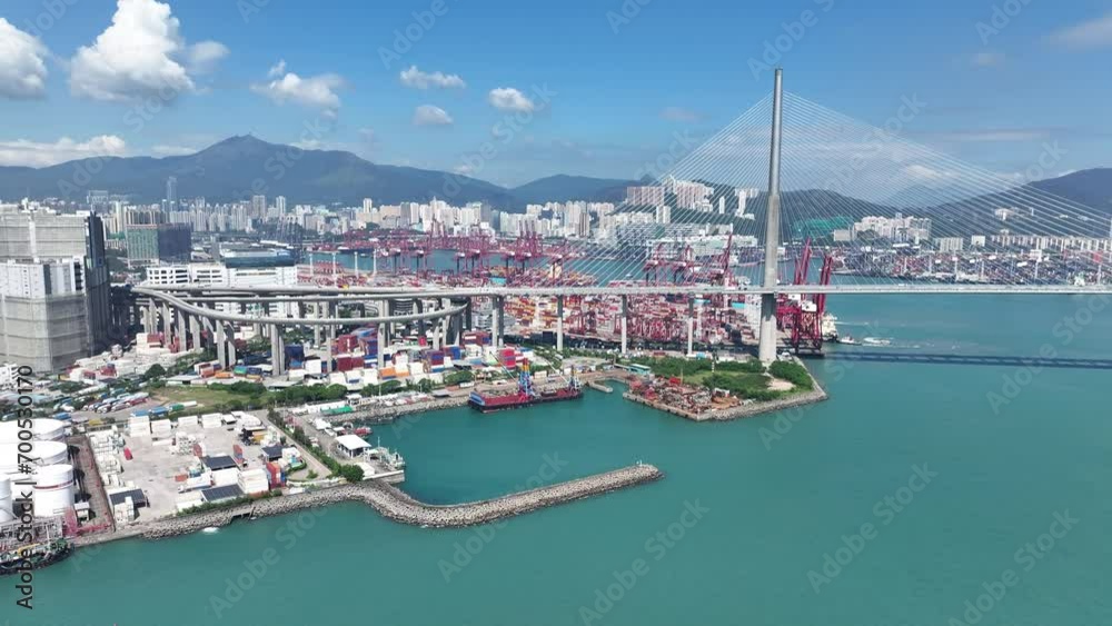 Kwai Tsing Container Terminals near Stonecutters Bridge, the main Far East Asia-Pacific trade shipment logistic port facility along between Kwai Chung and Tsing Yi, Hong Kong, China, Asia, Drone Kwai Tsing Container Terminals near Stonecutters Bridge, the main Far East Asia-Pacific trade shipment logistic port facility along between Kwai Chung and Tsing Yi, Hong Kong, China, Asia, Drone