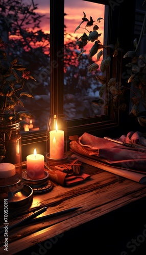Romantic dinner in the window at sunset. Romantic evening in the village.