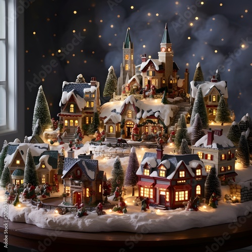 Christmas and New Year miniature town with snow, houses, trees and lights
