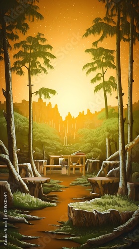 Fantasy forest at sunset. 3d rendering. Computer digital drawing.