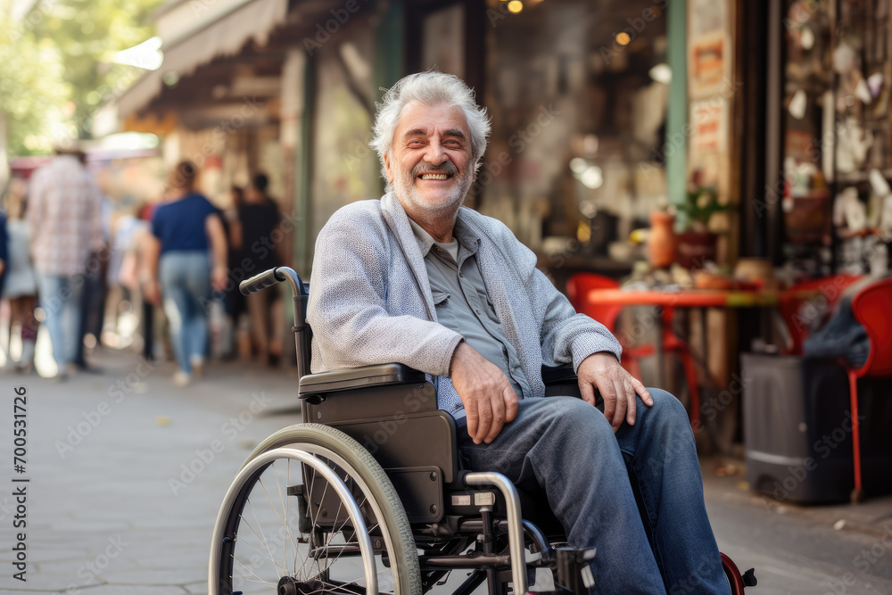 smiling senior man in a wheelchair