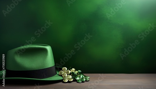 Green wallpaper with copy space with a hat motif for St. Patrick's Day. Ai generative