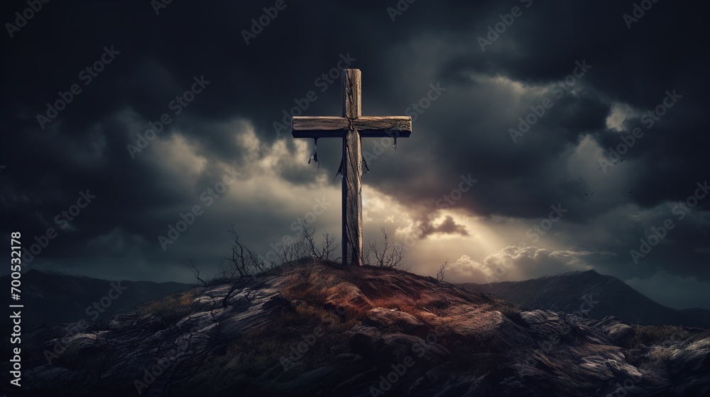 Naklejka premium Single crosson top of hill with the sun gleaming behind them. Ai generative